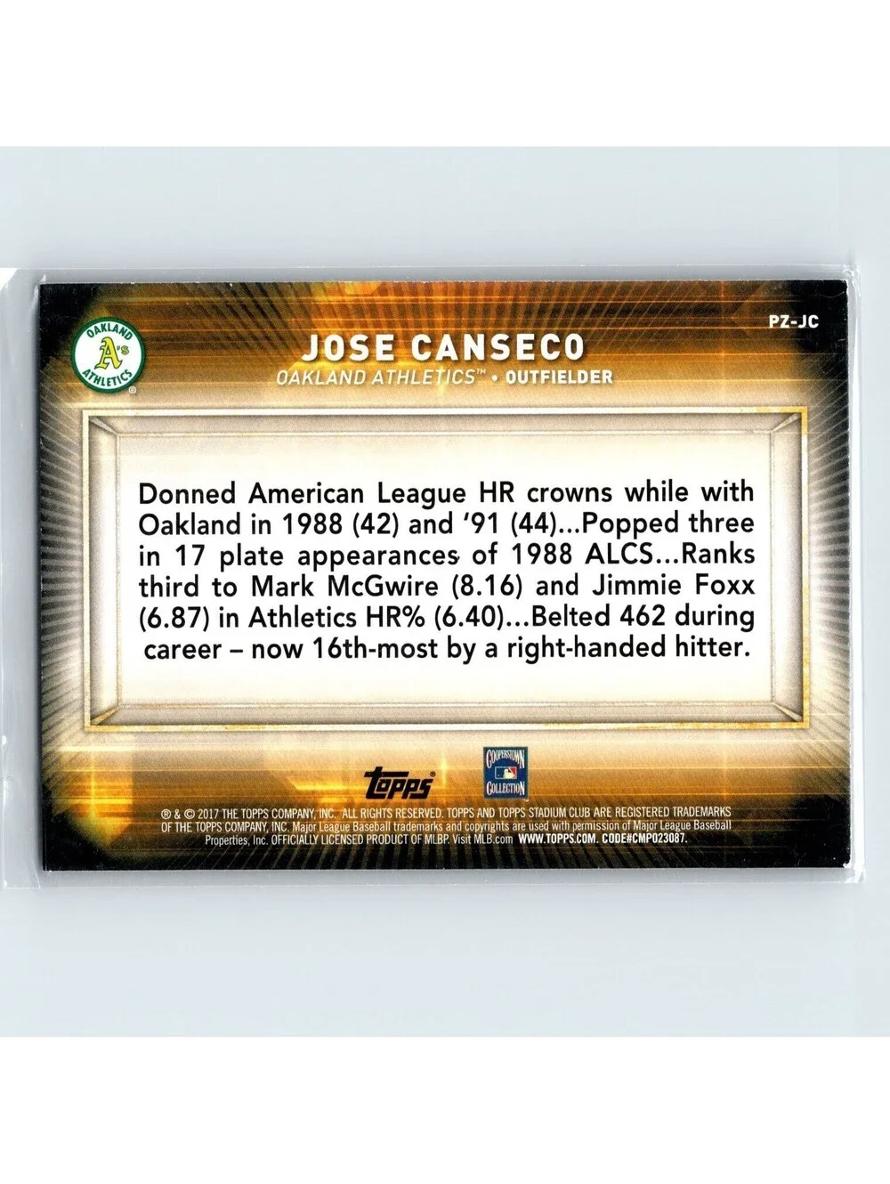 2017 Topps Stadium Club Jose Canseco #PZ-JC Power Zone Oakland Athletics